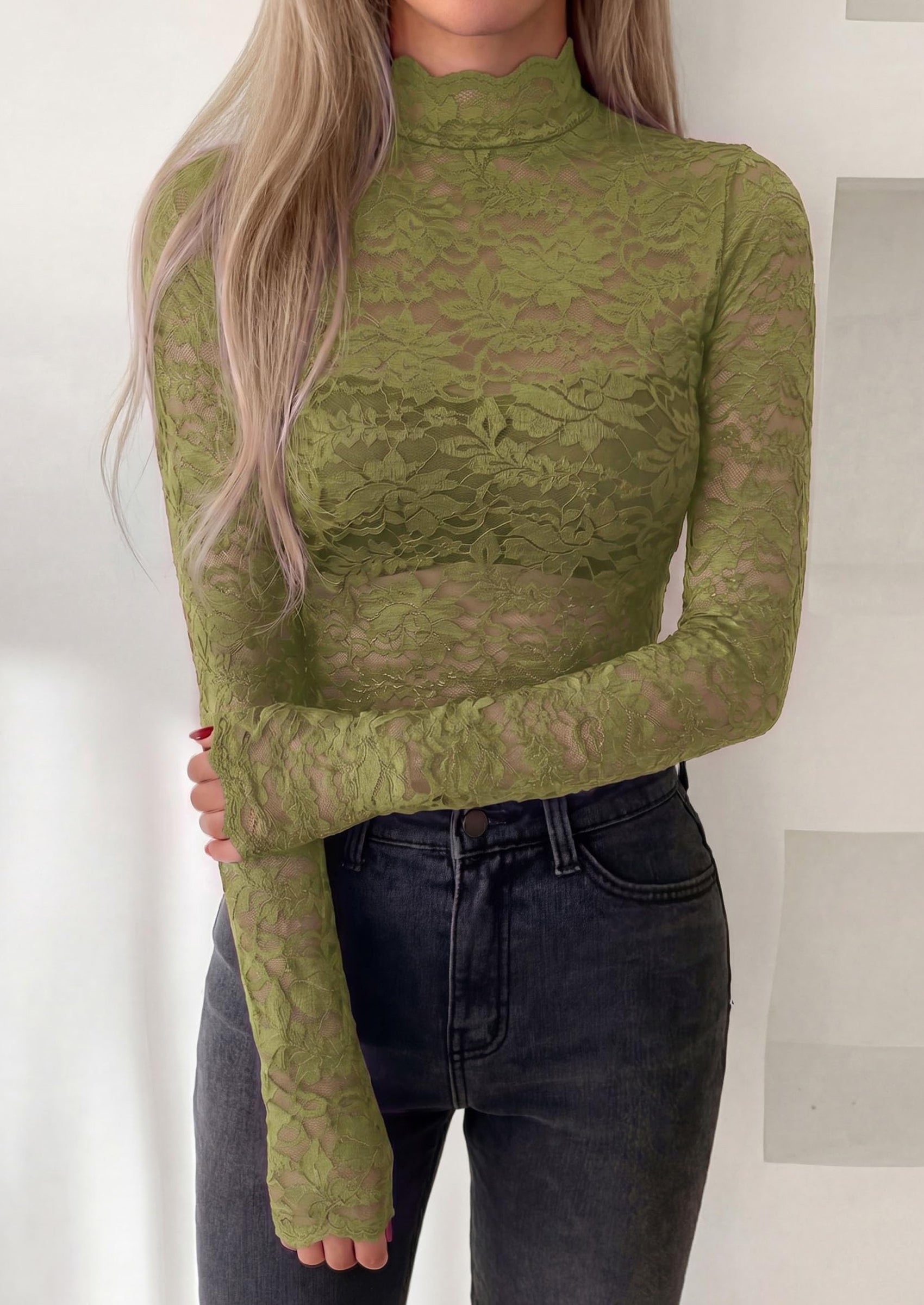 PRETTYGARDEN Womens Lace Long Sleeve Top Mesh Sheer Blouses Mock Neck See Through Slim Fitted Tops Fall Fashion Clothes