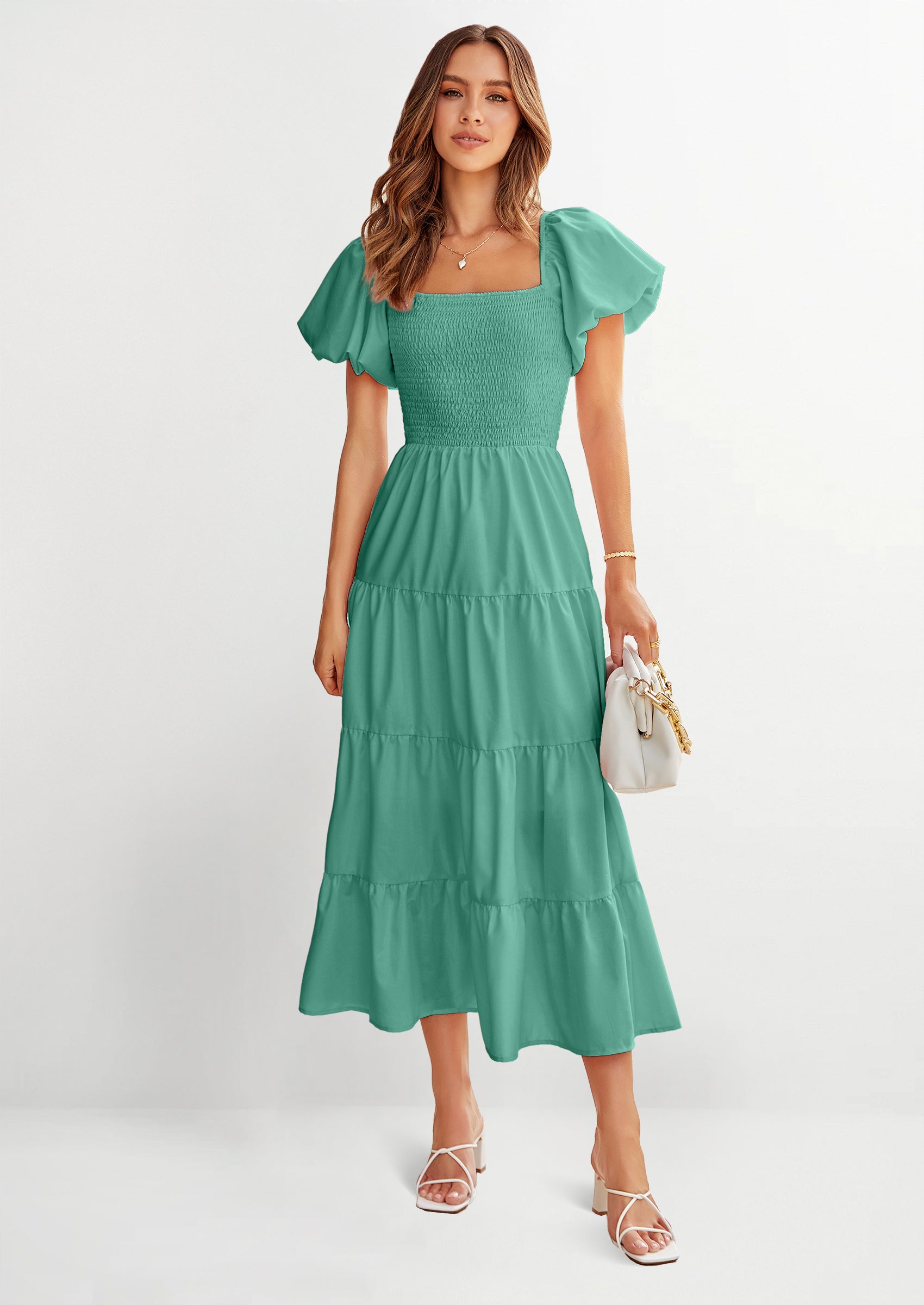 PRETTYGARDEN Women's Summer Casual Midi Dress Puffy Short Sleeve Square Neck Smocked Tiered Ruffle Dresses