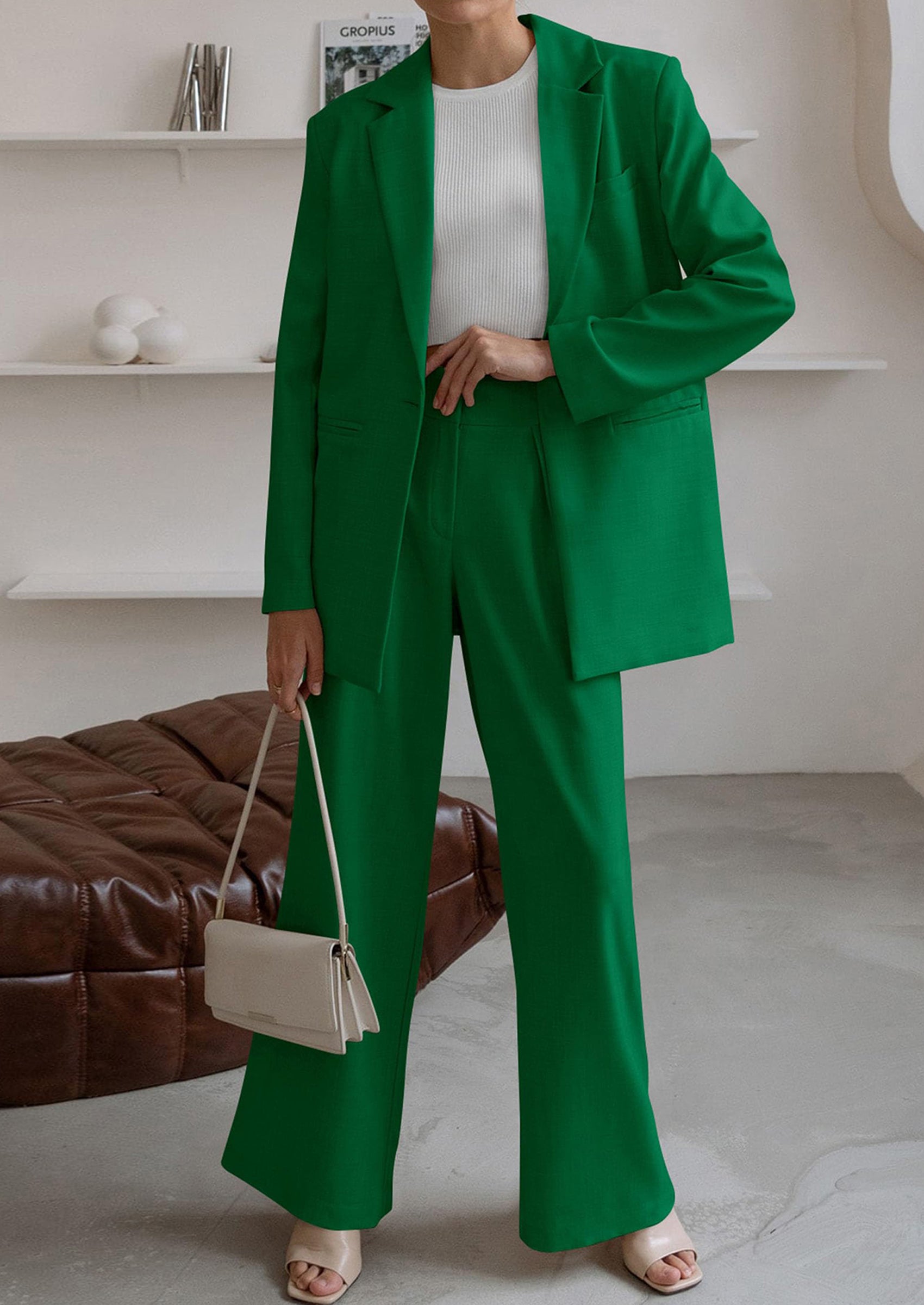 PRETTYGARDEN Women's Fall Two Piece Outfits Dressy Blazer Jacket and Wide Leg Pants Pockets Business Casual Office Suit Sets