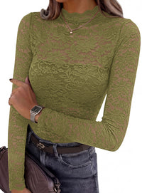PRETTYGARDEN Womens Lace Long Sleeve Top Mesh Sheer Blouses Mock Neck See Through Slim Fitted Tops 2026 Fall Fashion Clothes