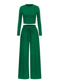 PRETTYGARDEN Womens 2 Piece Sets Long Sleeve Outfits  Soft Ribbed Knit, Loose Wide Leg Fit, Crop Top Drawstring High Waist Pants Set, Casual Lounge Travel, Matching Fall Clothes