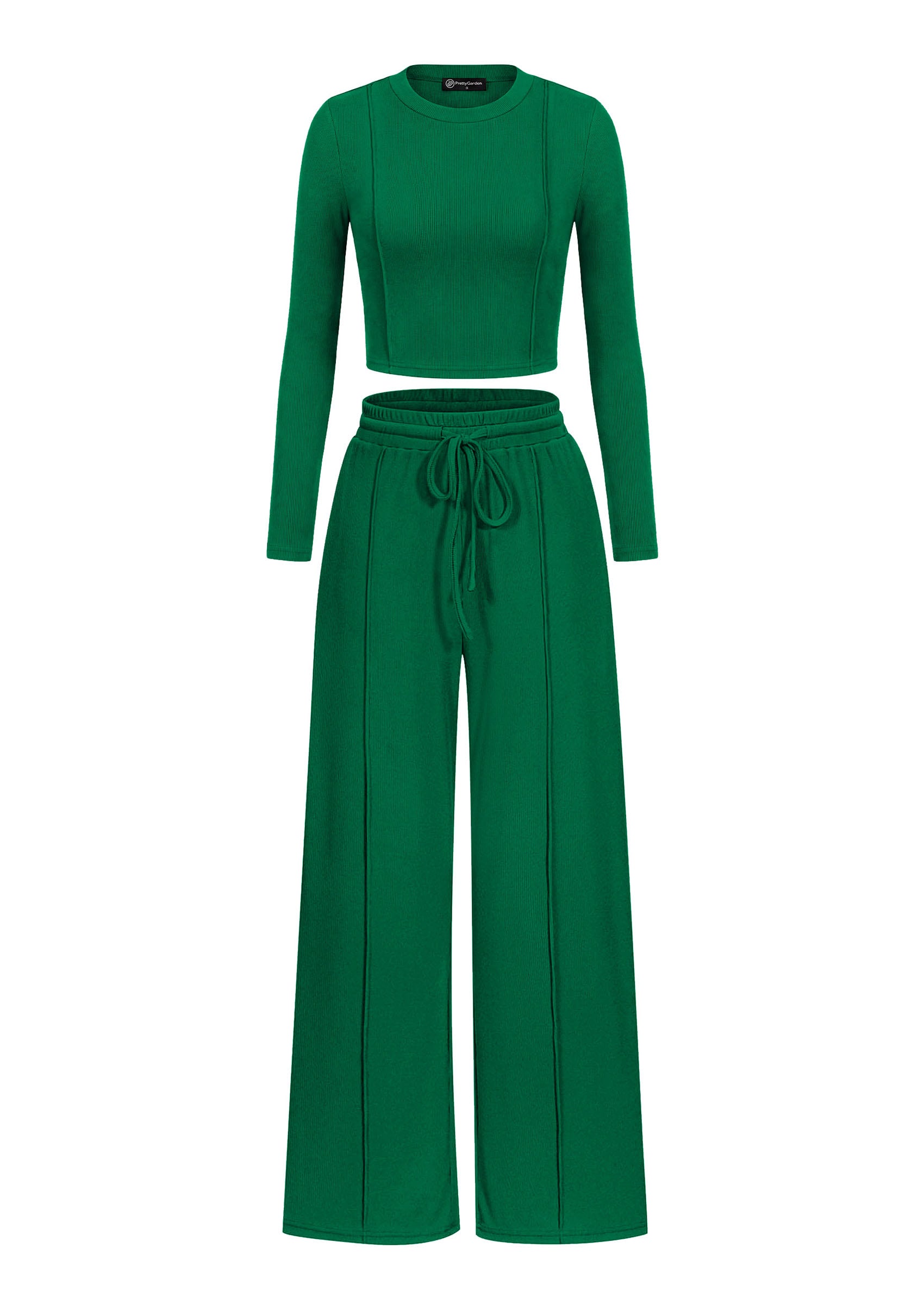 PRETTYGARDEN Womens 2 Piece Sets Long Sleeve Outfits  Soft Ribbed Knit, Loose Wide Leg Fit, Crop Top Drawstring High Waist Pants Set, Casual Lounge Travel, Matching Fall Clothes