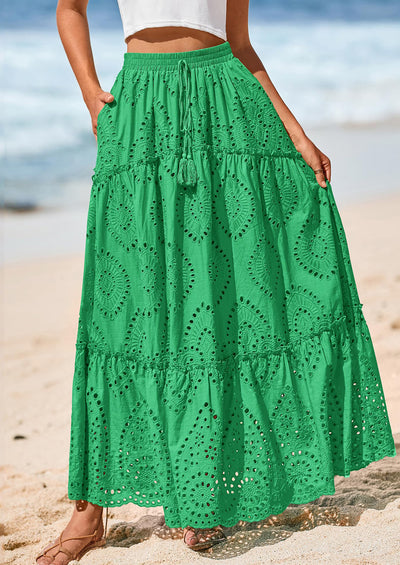 BTFBM Women's Boho Casual Skirts Summer Lace Embroidery Eyelet Elastic Waist Flowy Tiered A-Line Beach Maxi Skirt