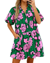 PRETTYGARDEN Womens Summer Dresses 2026 Casual Puff Sleeve Button Down Mini Shirt Dress Boho Floral Babydoll Sun Dress PRETTYGARDEN