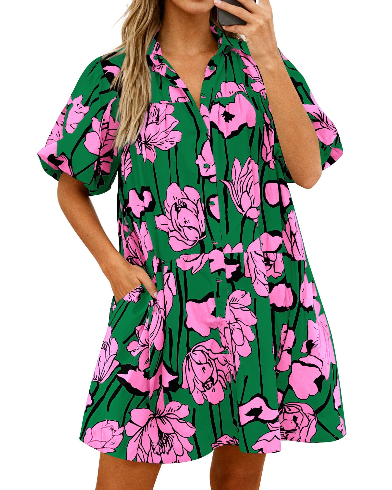 PRETTYGARDEN Womens Summer Dresses 2026 Casual Puff Sleeve Button Down Mini Shirt Dress Boho Floral Babydoll Sun Dress PRETTYGARDEN