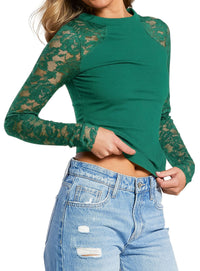 PRETTYGARDEN Sheer Lace Raglan Long Sleeve Shirts for Women | Soft Stretchy Knit,See Through Floral Sleeves,Crewneck Fitted Tshirts,Daily Going Out Tops,Office Layer,Fall Fashion Clothing