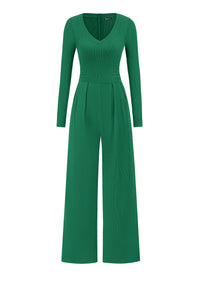 PRETTYGARDEN Womens Fall One Piece Long Sleeve Jumpsuit | Stretchy Ribbed Knit, Fashion Deep V Neck, Wide Leg Romper with Pockets, Work Business Casual Outfits, Trendy Winter Clothes