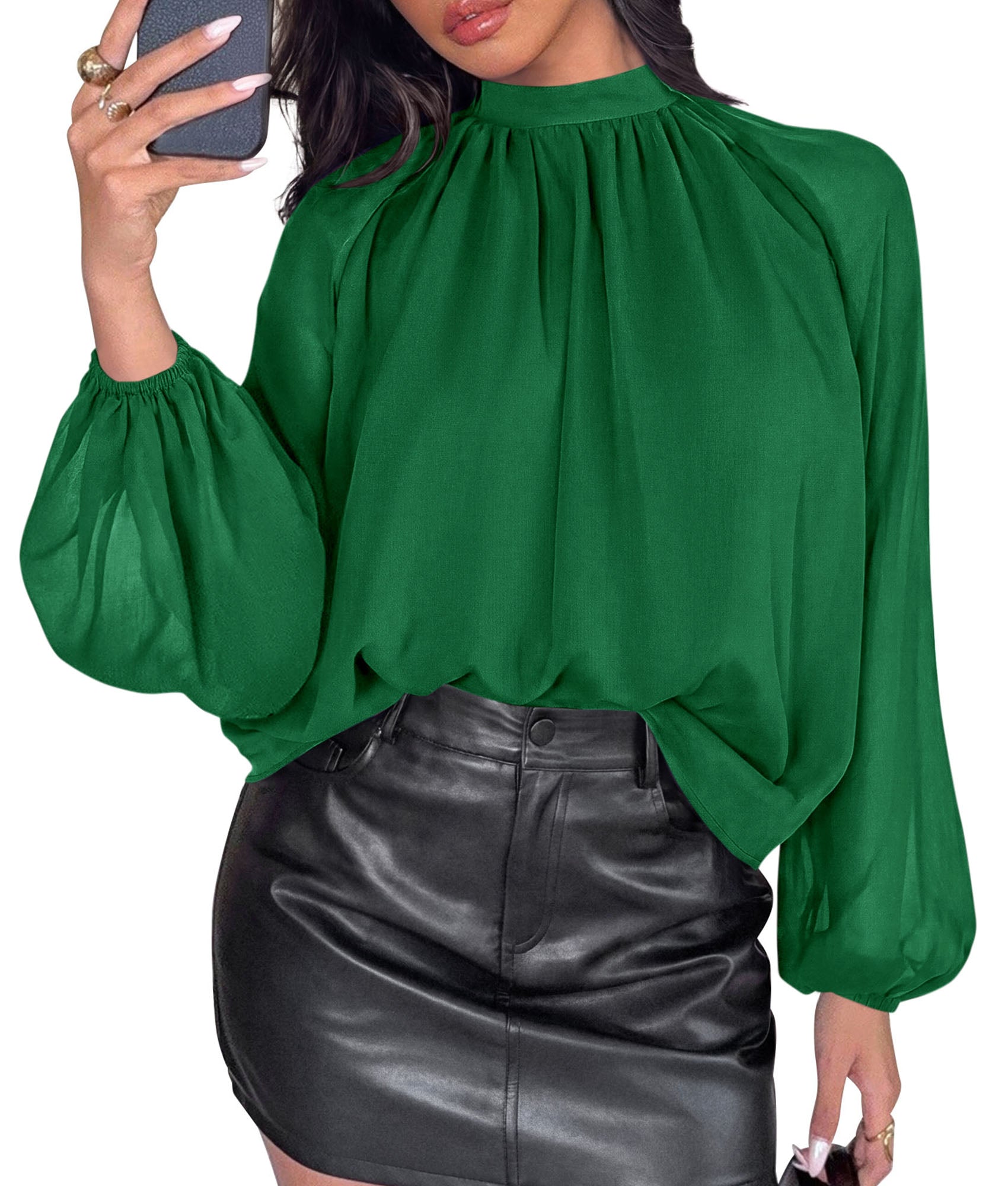 PRETTYGARDEN Womens Chiffon Blouses Dressy Casual Mock Neck Tops | Lightweight Fabric,Sheer Lantern Long Sleeve Shirts,Work Office Clothes,Daily Wear,Loose Flowy Going Out Fall Outfits