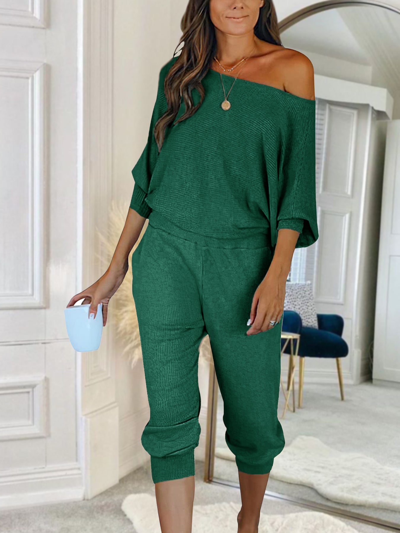 PRETTYGARDEN Women's 2 Piece Ribbed Tracksuit Outfits Off Shoulder Long Sleeve Pullover Lounge Pants with Pockets