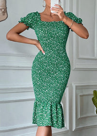 PRETTYGARDEN Bodycon Midi Dresses Summer Floral Puff Sleeve Mermaid Cocktail Baby Shower Photoshoot Maternity Dress