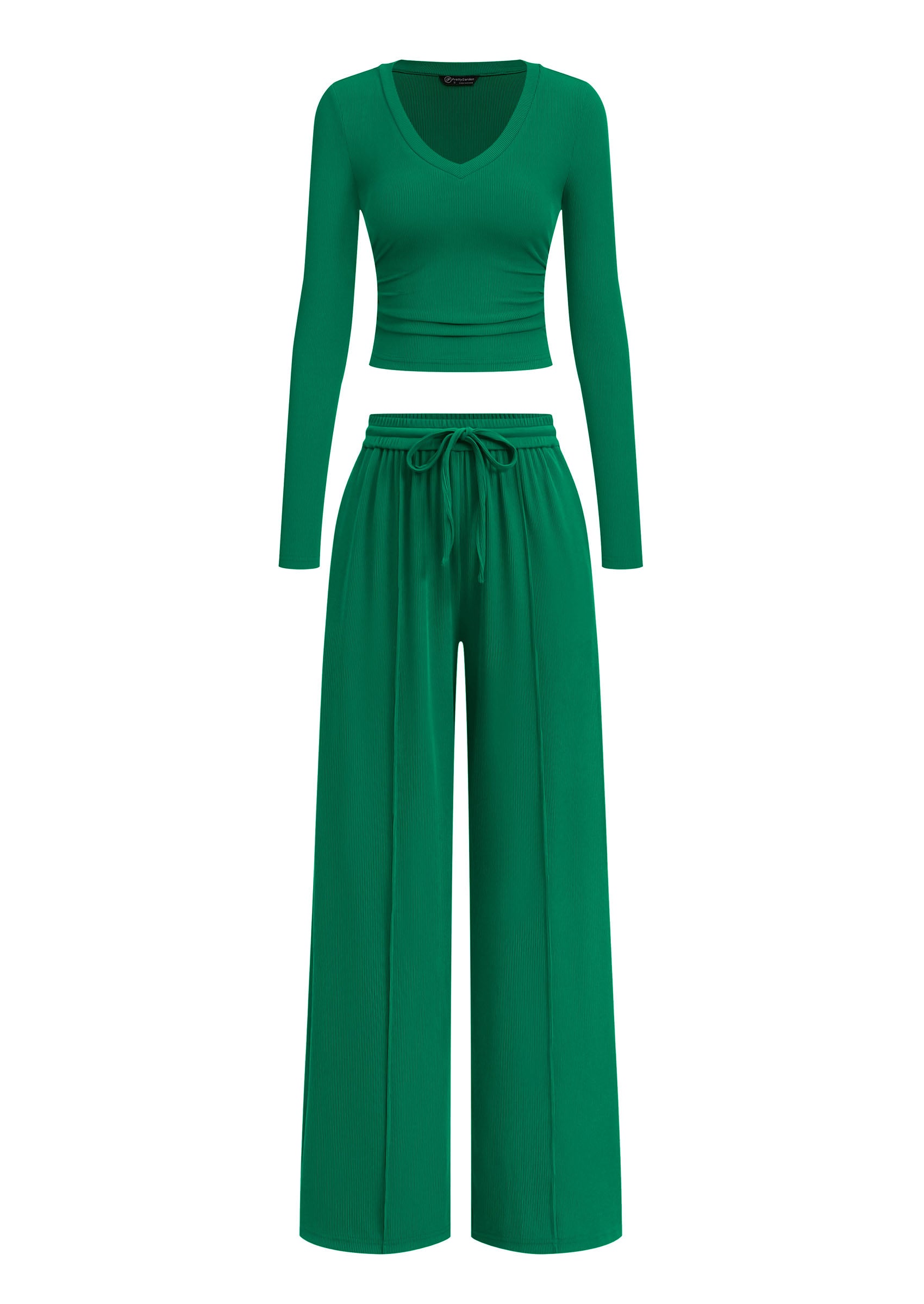 PRETTYGARDEN Women's 2 Piece Lounge Sets Matching Clothing  | V Neck Long Sleeve Tops, Wide Leg Pants Pockets, Airport Travel Outfits, Soft Ribbed Knit, Drawstring Waist, Fall Resort Wear