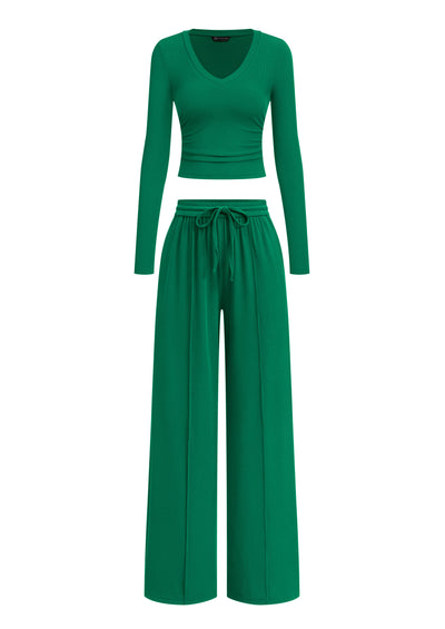 PRETTYGARDEN Women's 2 Piece Lounge Sets Matching Clothing  | V Neck Long Sleeve Tops, Wide Leg Pants Pockets, Airport Travel Outfits, Soft Ribbed Knit, Drawstring Waist, Fall Resort Wear