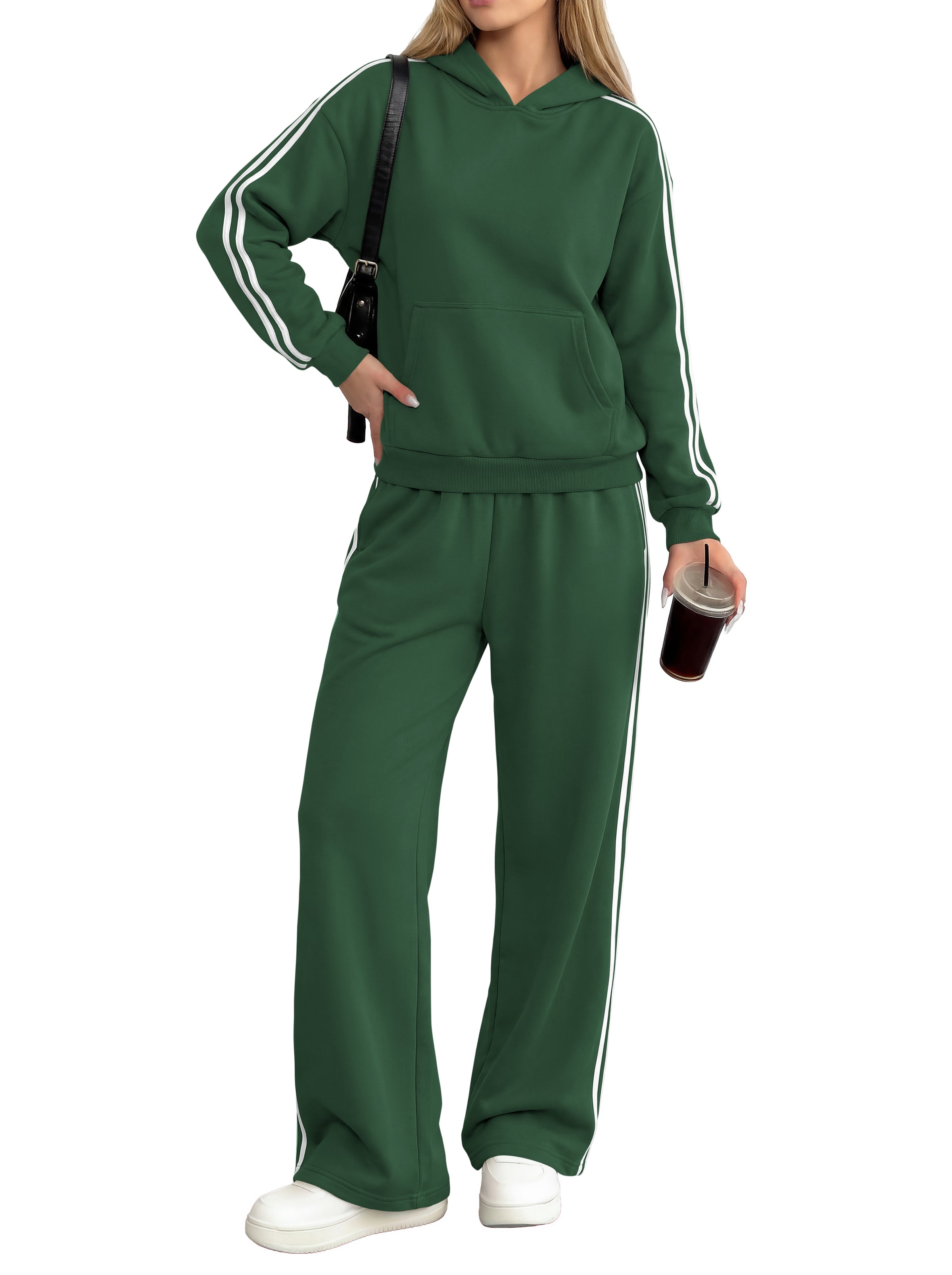 PRETTYGARDEN Women's Sweatsuits Set 2 Piece Striped Hoodie Wide Leg Sweatpants Y2K Retro Casual Tracksuits Travel Fall Outfit