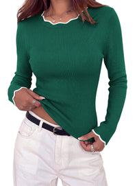 PRETTYGARDEN Women's Long Sleeve Ribbed Knit Pullover Sweaters | Contrast Trim, Going Out Tops, Soft Stretch Fabric, Slim Fitted, Scallop Edge, Casual Fall Outfits, Layering Winter Clothing