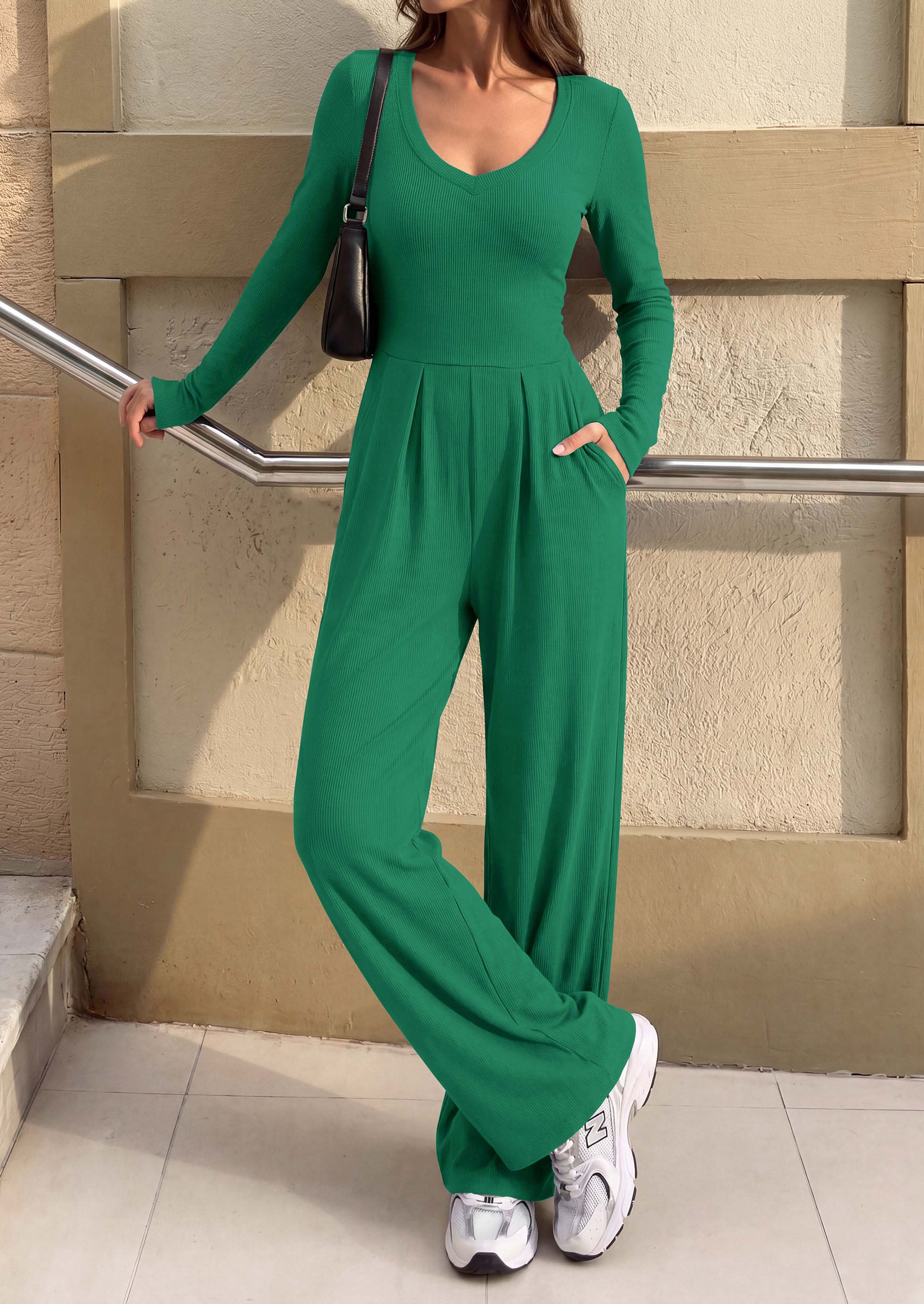 PRETTYGARDEN Womens Fall One Piece Long Sleeve Jumpsuit | Stretchy Ribbed Knit, Fashion Deep V Neck, Wide Leg Romper with Pockets, Work Business Casual Outfits, Trendy Winter Clothes