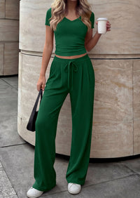 PRETTYGARDEN 2 Piece Sets for Women Summer 2026 Spring Lounge Set Matching V Neck Tops Wide Leg Pants Airport Travel Outfits PRETTYGARDEN