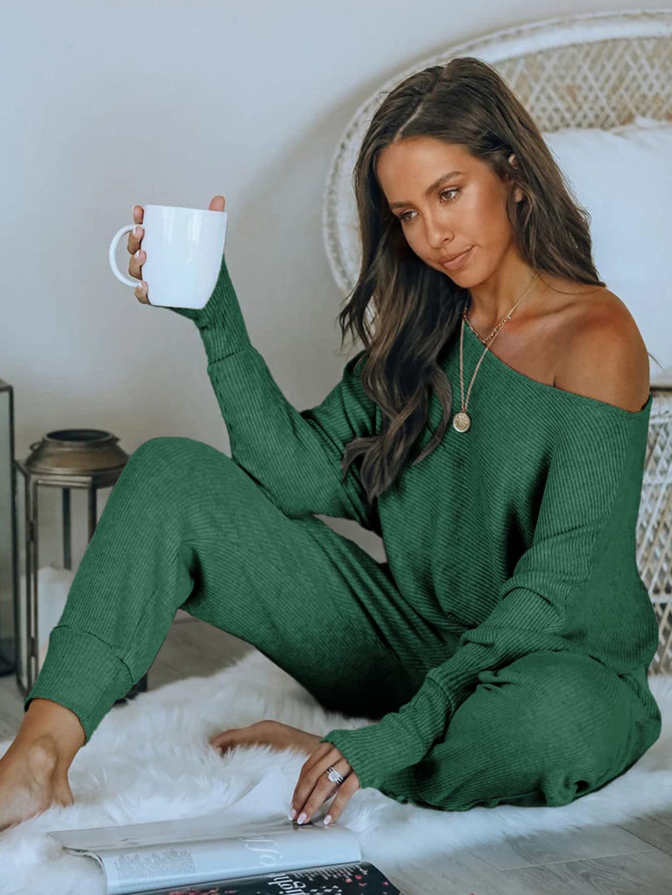 PRETTYGARDEN Women's 2 Piece Ribbed Tracksuit Outfits Off Shoulder Long Sleeve Pullover Lounge Pants with Pockets