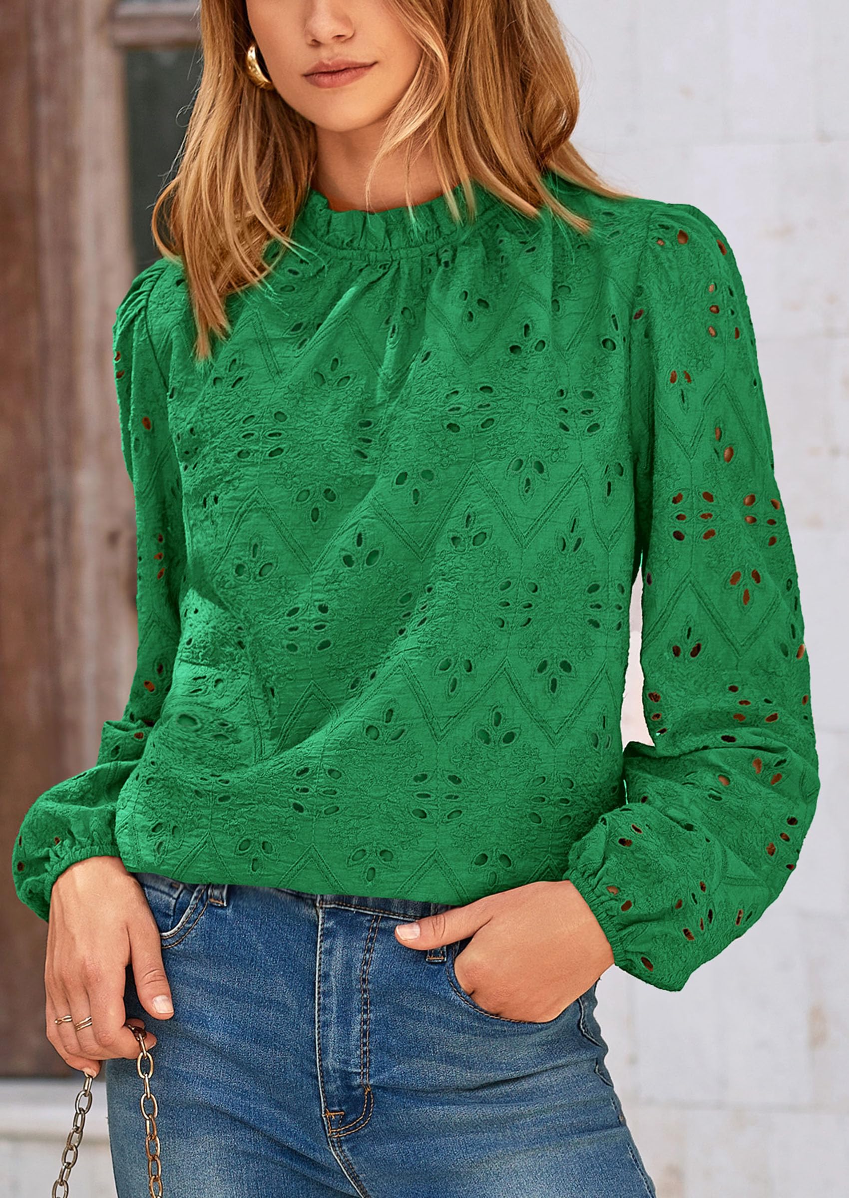 PRETTYGARDEN Womens Tops Dressy Casual Spring Long Sleeve Shirts Embroidered Eyelet Blouses Going Out Outfits