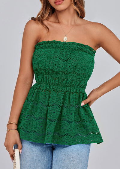 PRETTYGARDEN Tube Tops for Women Summer Strapless Off Shoulder Eyelet Smocked Peplum Trendy Going Out Boho Top