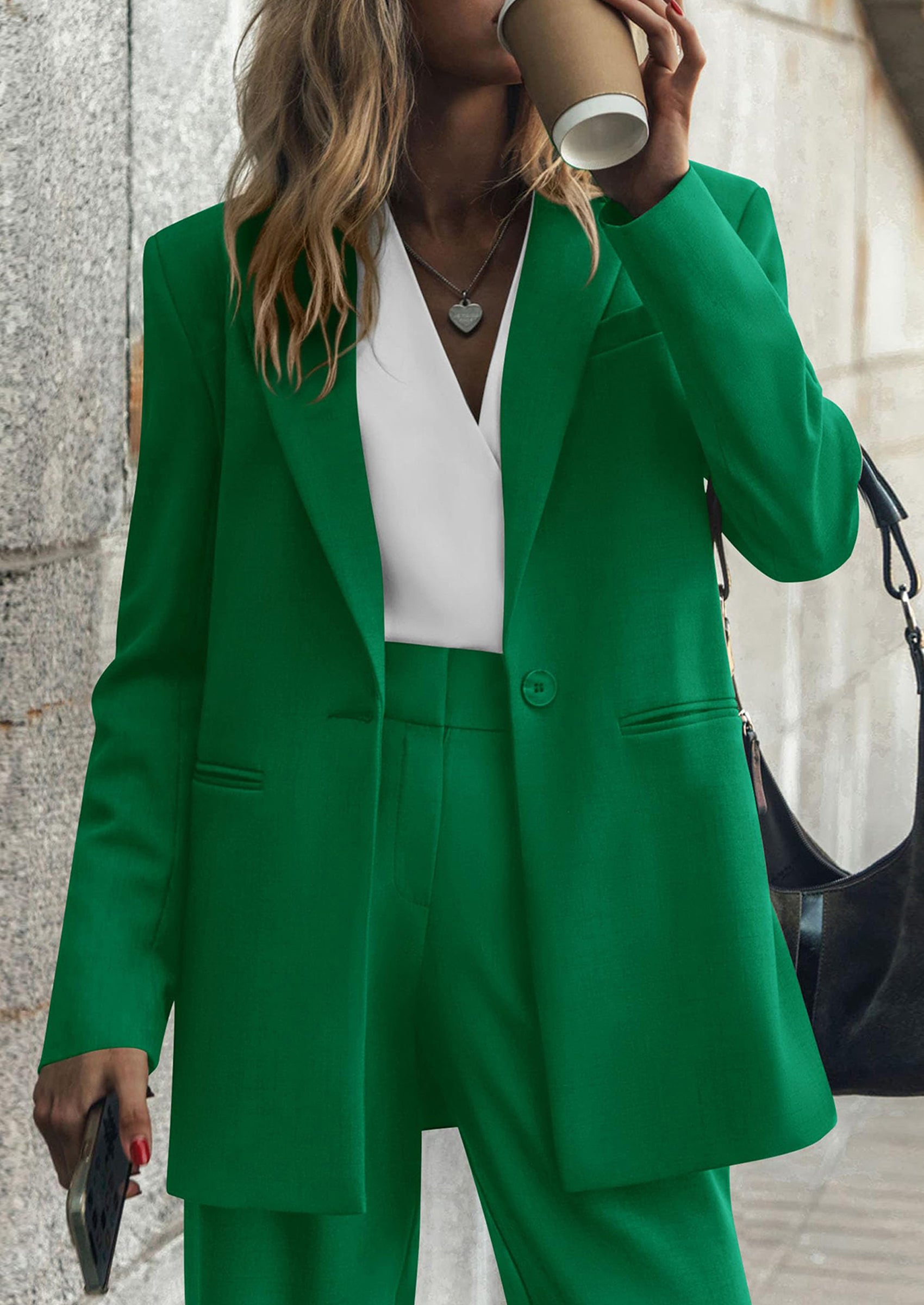 PRETTYGARDEN Women's Fall Two Piece Outfits Dressy Blazer Jacket and Wide Leg Pants Pockets Business Casual Office Suit Sets