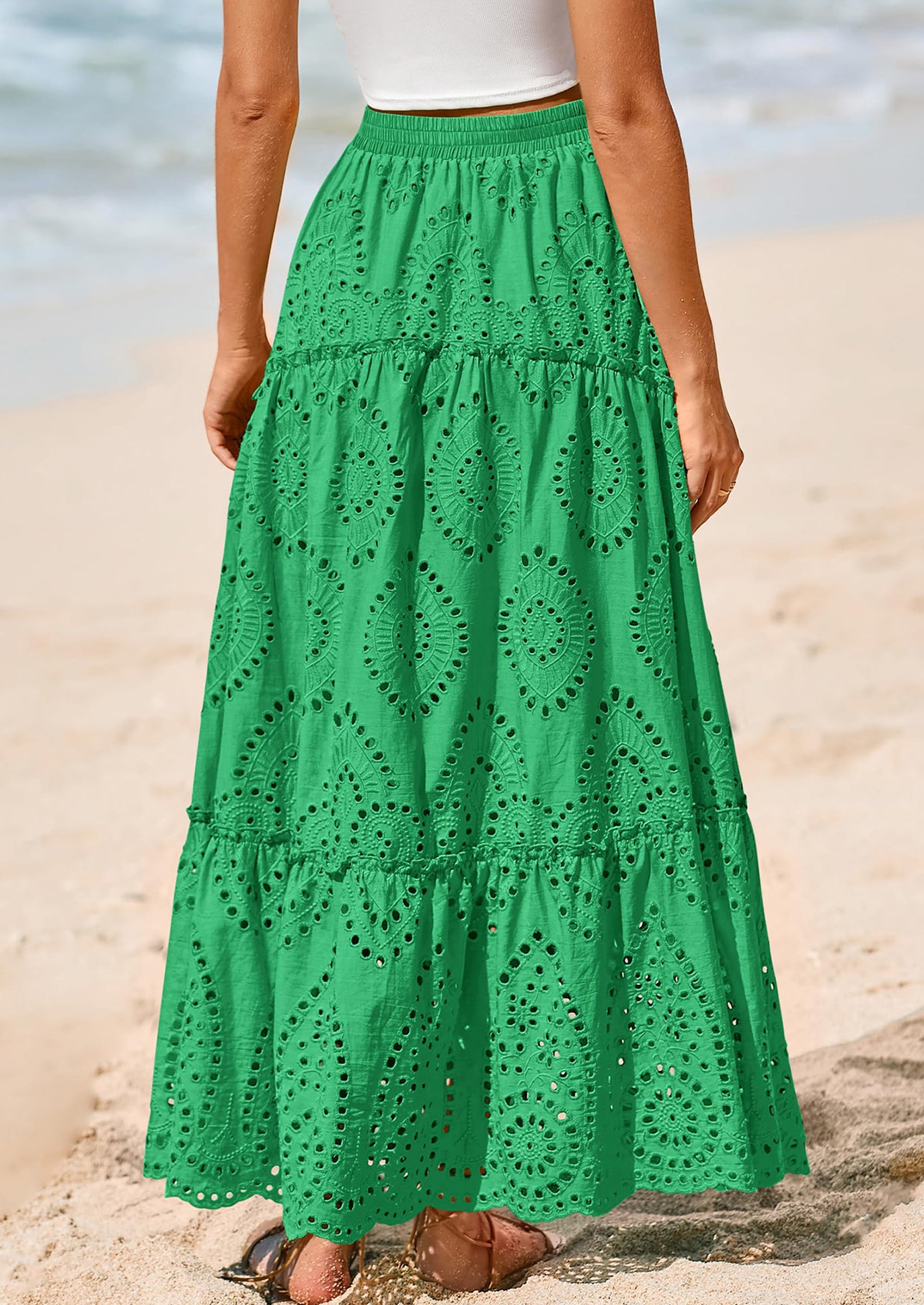 BTFBM Women's Boho Casual Skirts Summer Lace Embroidery Eyelet Elastic Waist Flowy Tiered A-Line Beach Maxi Skirt