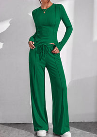 PRETTYGARDEN Womens 2 Piece Sets Long Sleeve Outfits  Soft Ribbed Knit, Loose Wide Leg Fit, Crop Top Drawstring High Waist Pants Set, Casual Lounge Travel, Matching Fall Clothes