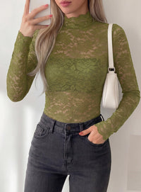 PRETTYGARDEN Womens Lace Long Sleeve Top Mesh Sheer Blouses Mock Neck See Through Slim Fitted Tops 2026 Fall Fashion Clothes
