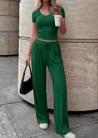 PRETTYGARDEN 2 Piece Sets for Women Summer 2026 Spring Lounge Set Matching V Neck Tops Wide Leg Pants Airport Travel Outfits PRETTYGARDEN