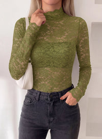 PRETTYGARDEN Womens Lace Long Sleeve Top Mesh Sheer Blouses Mock Neck See Through Slim Fitted Tops 2026 Fall Fashion Clothes