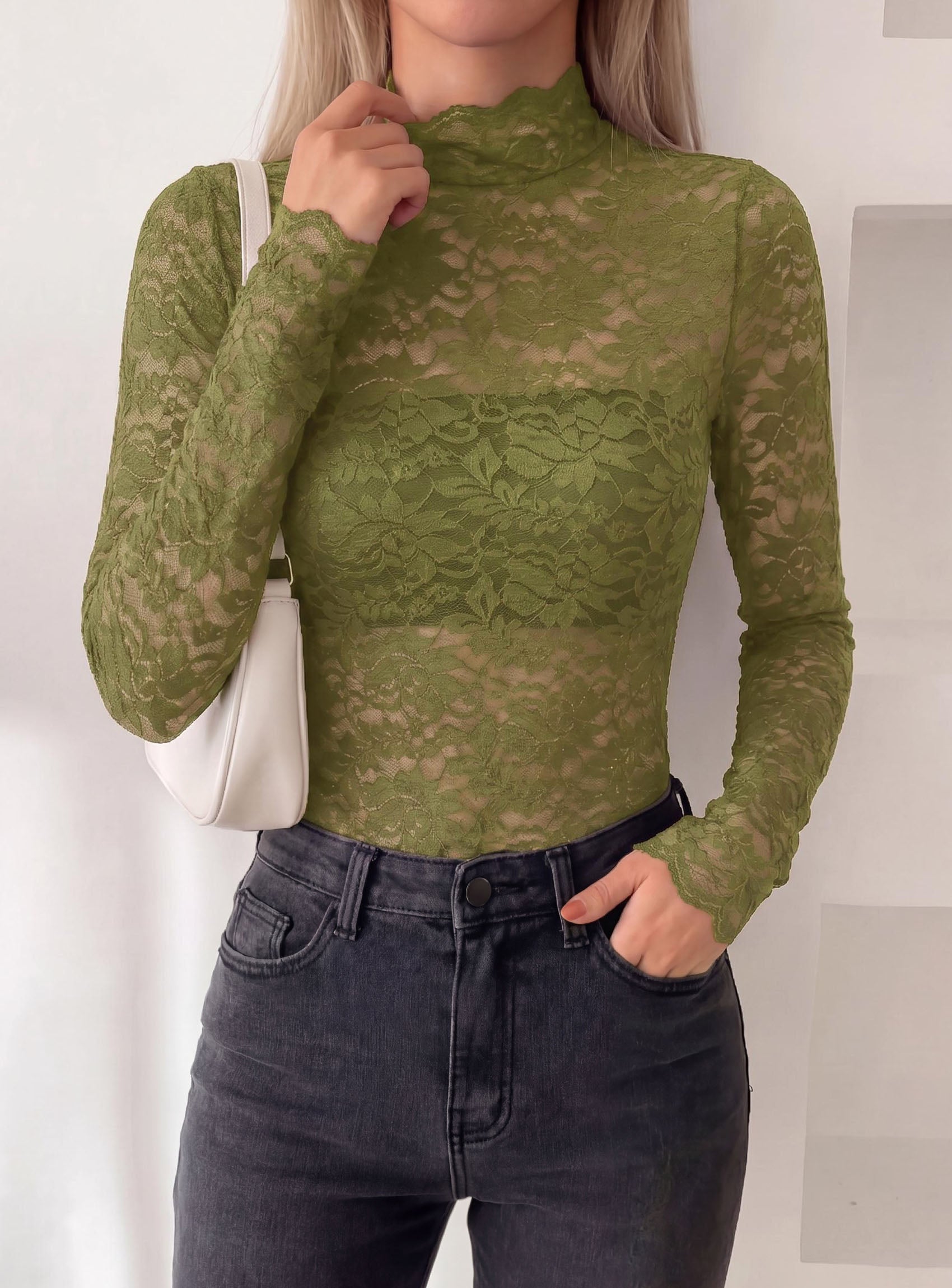 PRETTYGARDEN Womens Lace Long Sleeve Top Mesh Sheer Blouses Mock Neck See Through Slim Fitted Tops 2026 Fall Fashion Clothes