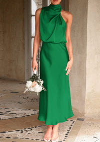 PRETTYGARDEN Women's Summer Satin Dress Elegant Sleeveless Mock Neck Cocktail Party Maxi Dresses