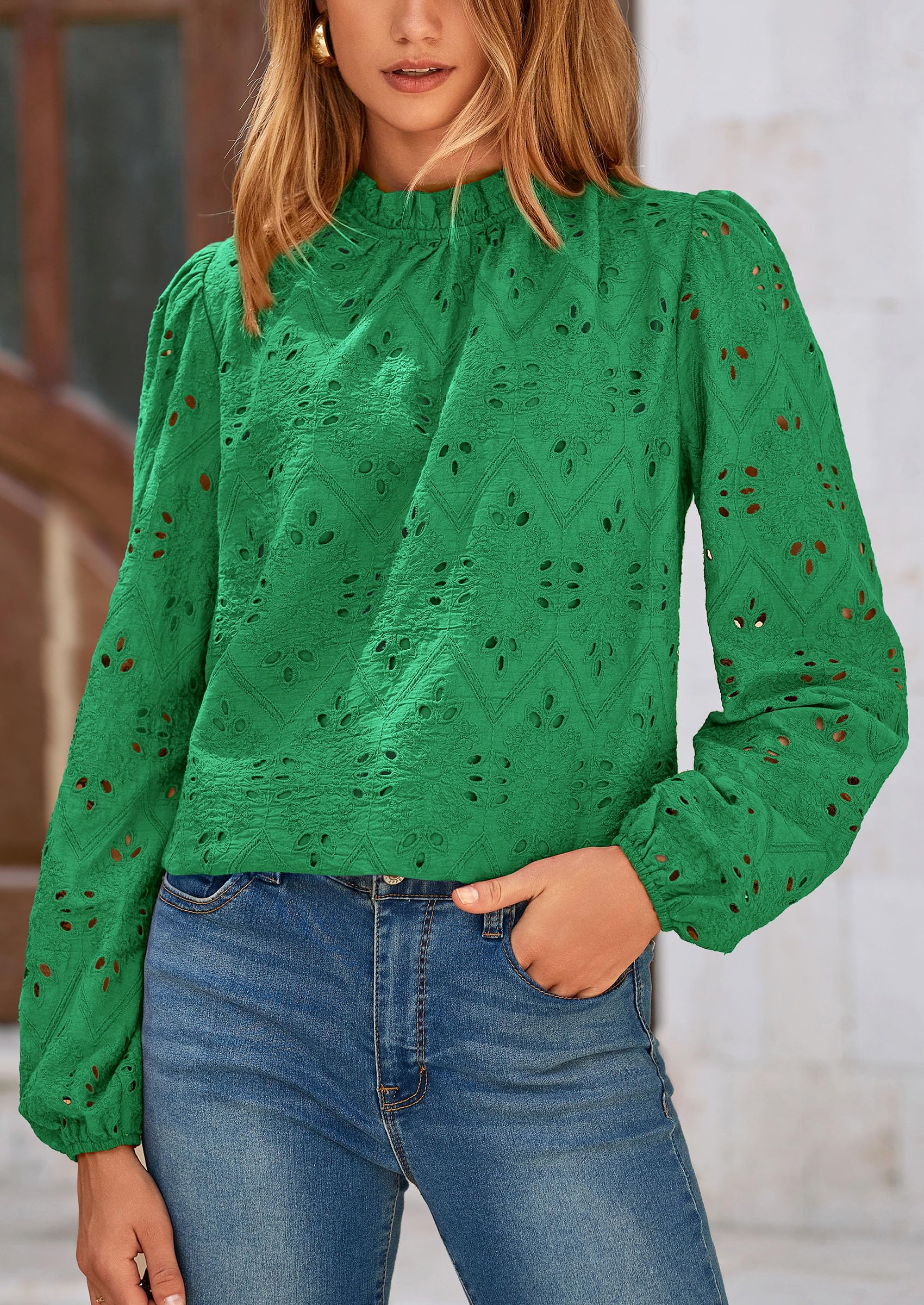 PRETTYGARDEN Womens Tops Dressy Casual Spring Long Sleeve Shirts Embroidered Eyelet Blouses Going Out Outfits