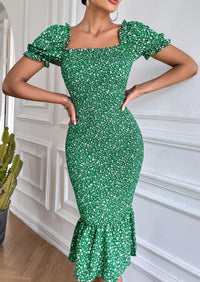 PRETTYGARDEN Bodycon Midi Dresses Summer Floral Puff Sleeve Mermaid Cocktail Baby Shower Photoshoot Maternity Dress