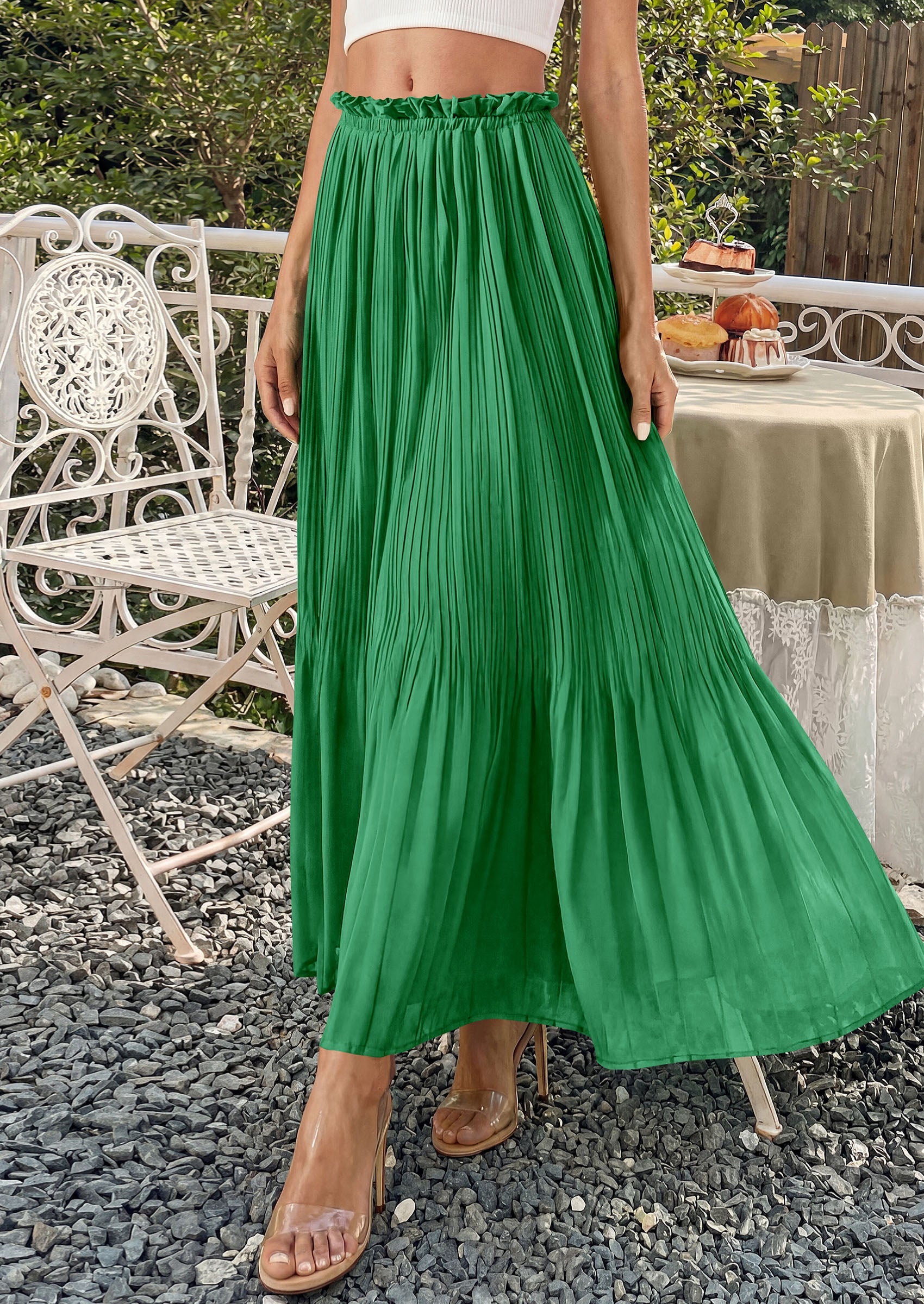 PRETTYGARDEN Pleated Long Skirts for Women Summer Vacation Outfits 2026 Spring Elastic Waisted Flowy Chiffon A-Line Midi Skirt PRETTYGARDEN