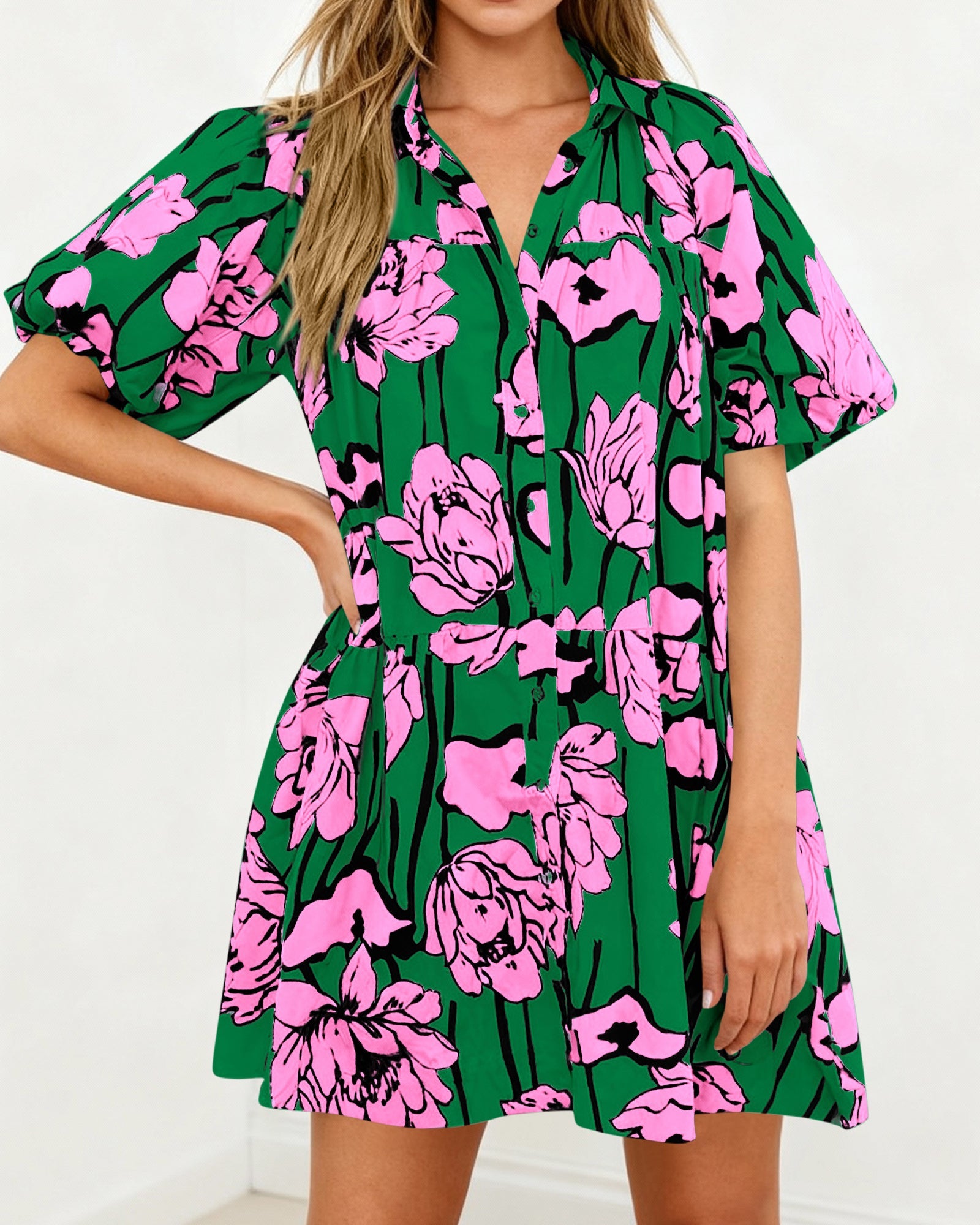 PRETTYGARDEN Womens Summer Dresses 2026 Casual Puff Sleeve Button Down Mini Shirt Dress Boho Floral Babydoll Sun Dress PRETTYGARDEN