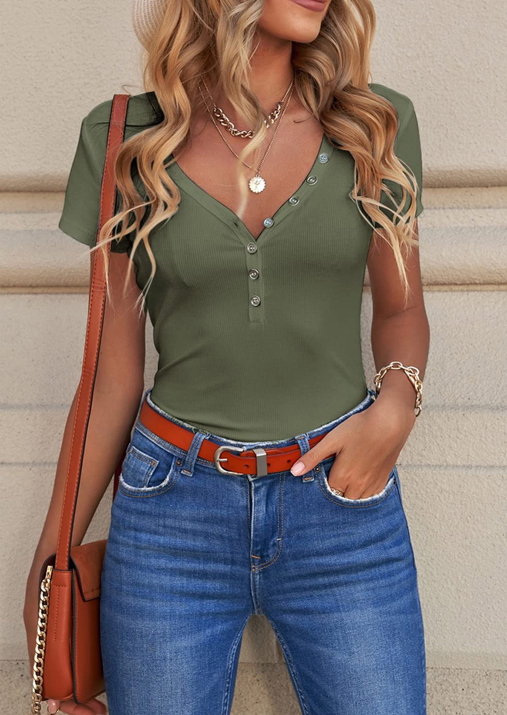 PRETTYGARDEN Women's Summer Casual Henley T-Shirts Short Sleeve V Neck Button Up Ribbed Knit Slim Fit Basic Tops