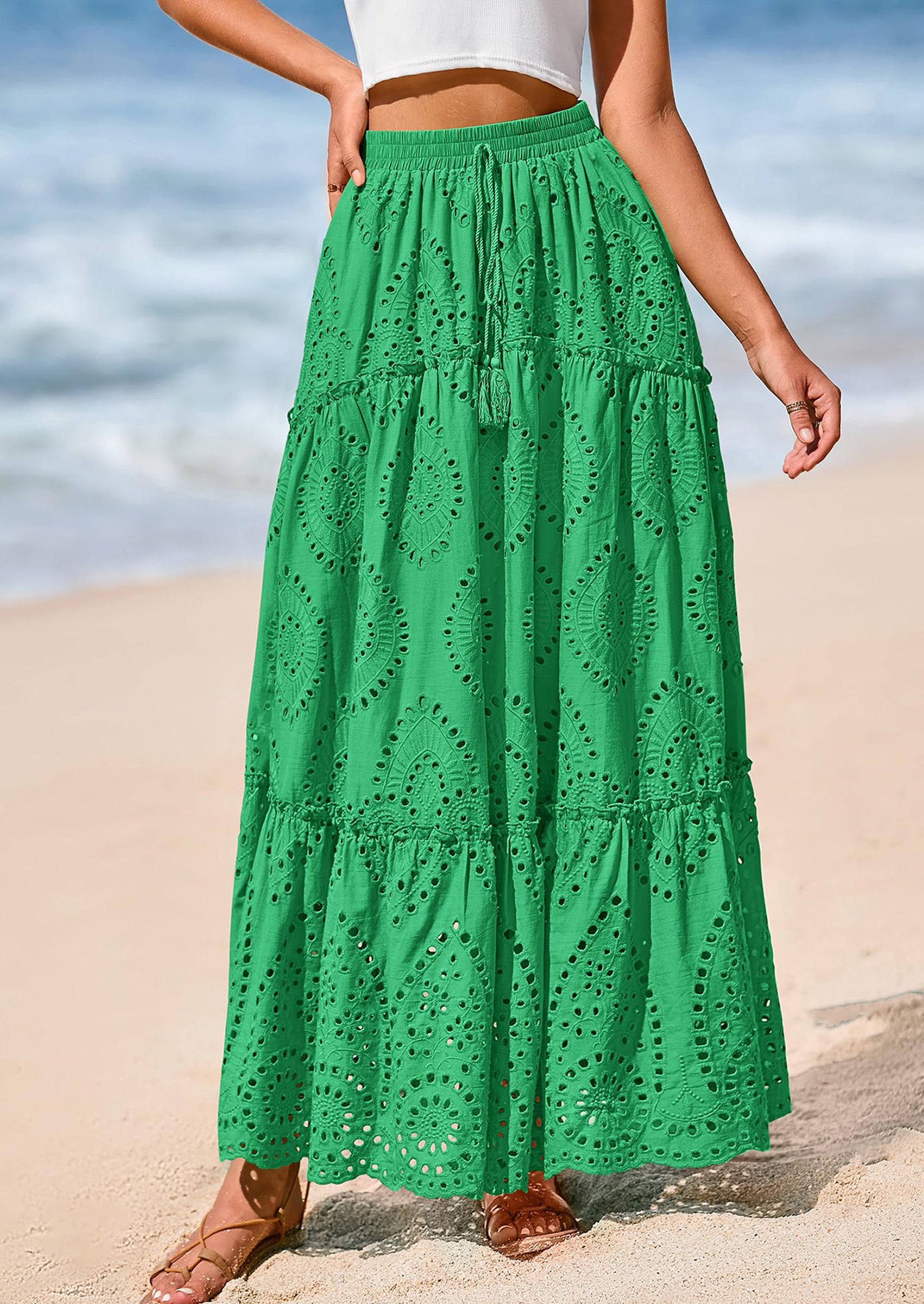BTFBM Women's Boho Casual Skirts Summer Lace Embroidery Eyelet Elastic Waist Flowy Tiered A-Line Beach Maxi Skirt
