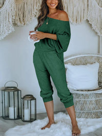 PRETTYGARDEN Women's 2 Piece Ribbed Tracksuit Outfits Off Shoulder Long Sleeve Pullover Lounge Pants with Pockets