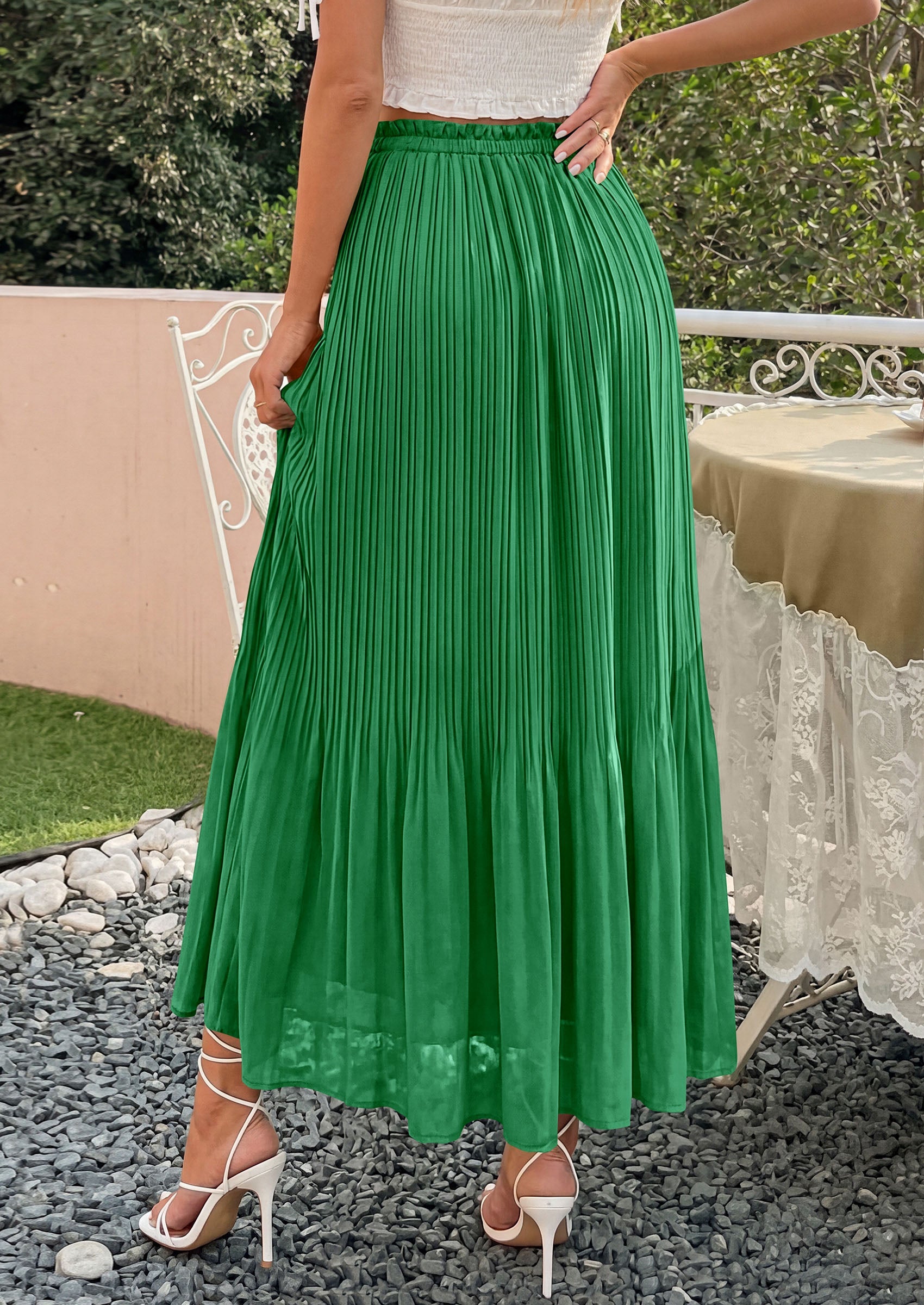 PRETTYGARDEN Pleated Long Skirts for Women Summer Vacation Outfits 2026 Spring Elastic Waisted Flowy Chiffon A-Line Midi Skirt PRETTYGARDEN
