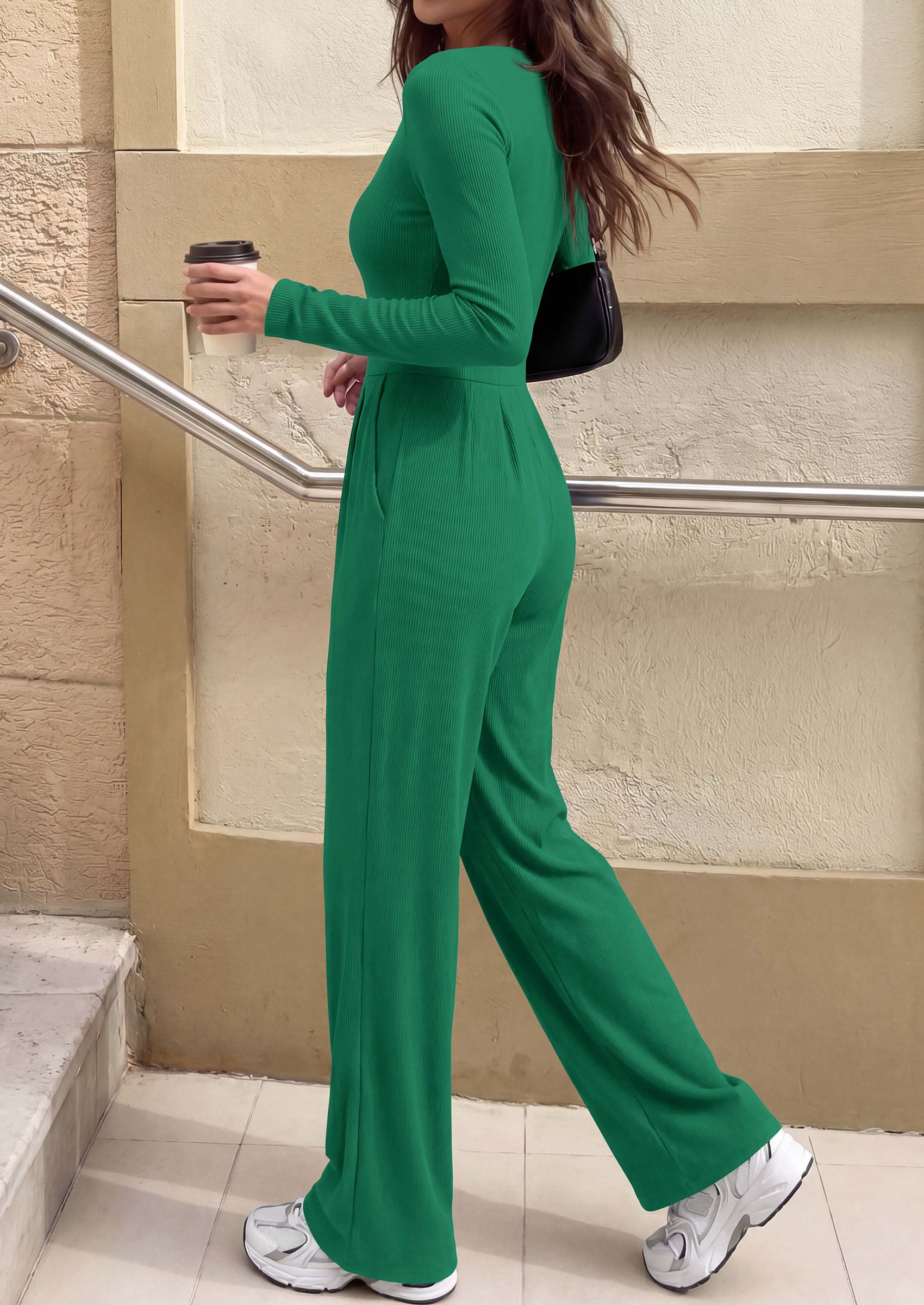 PRETTYGARDEN Womens Fall One Piece Long Sleeve Jumpsuit | Stretchy Ribbed Knit, Fashion Deep V Neck, Wide Leg Romper with Pockets, Work Business Casual Outfits, Trendy Winter Clothes