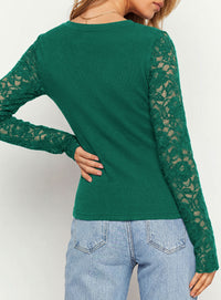 PRETTYGARDEN Sheer Lace Raglan Long Sleeve Shirts for Women | Soft Stretchy Knit,See Through Floral Sleeves,Crewneck Fitted Tshirts,Daily Going Out Tops,Office Layer,Fall Fashion Clothing