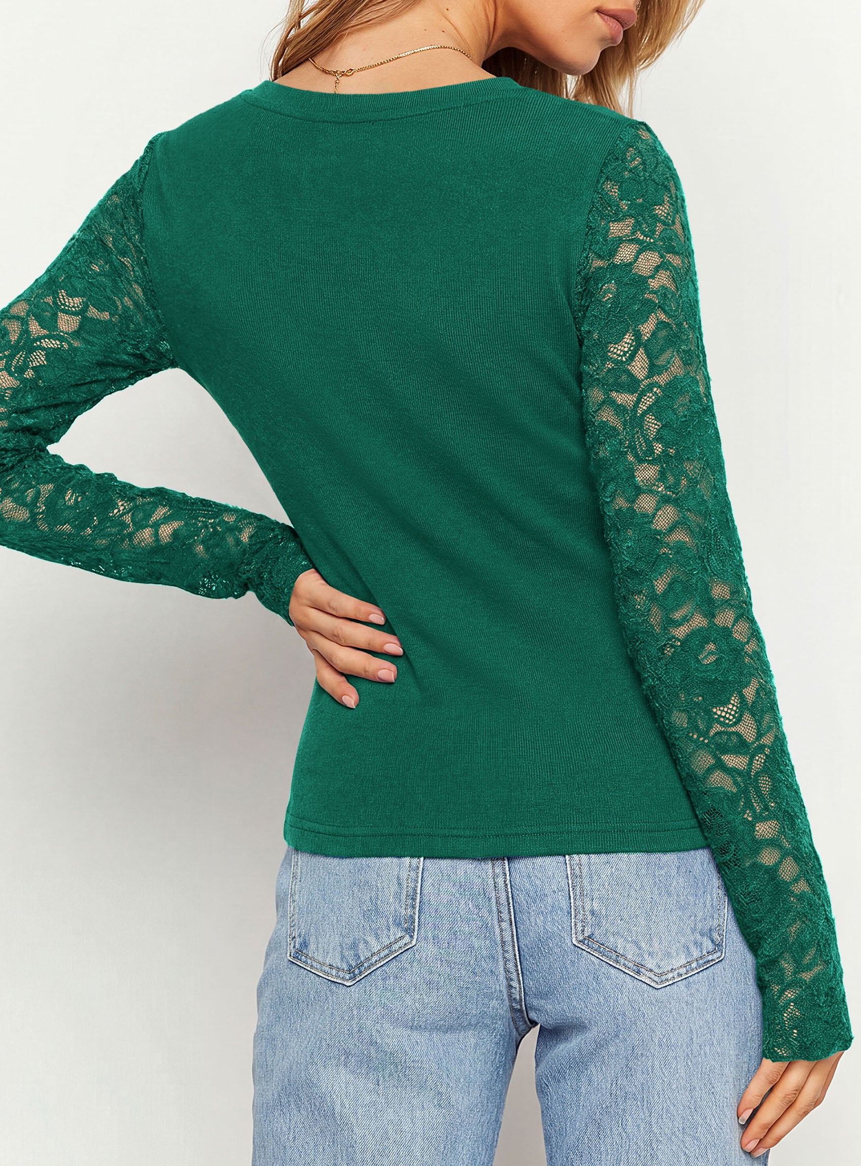 PRETTYGARDEN Sheer Lace Raglan Long Sleeve Shirts for Women | Soft Stretchy Knit,See Through Floral Sleeves,Crewneck Fitted Tshirts,Daily Going Out Tops,Office Layer,Fall Fashion Clothing