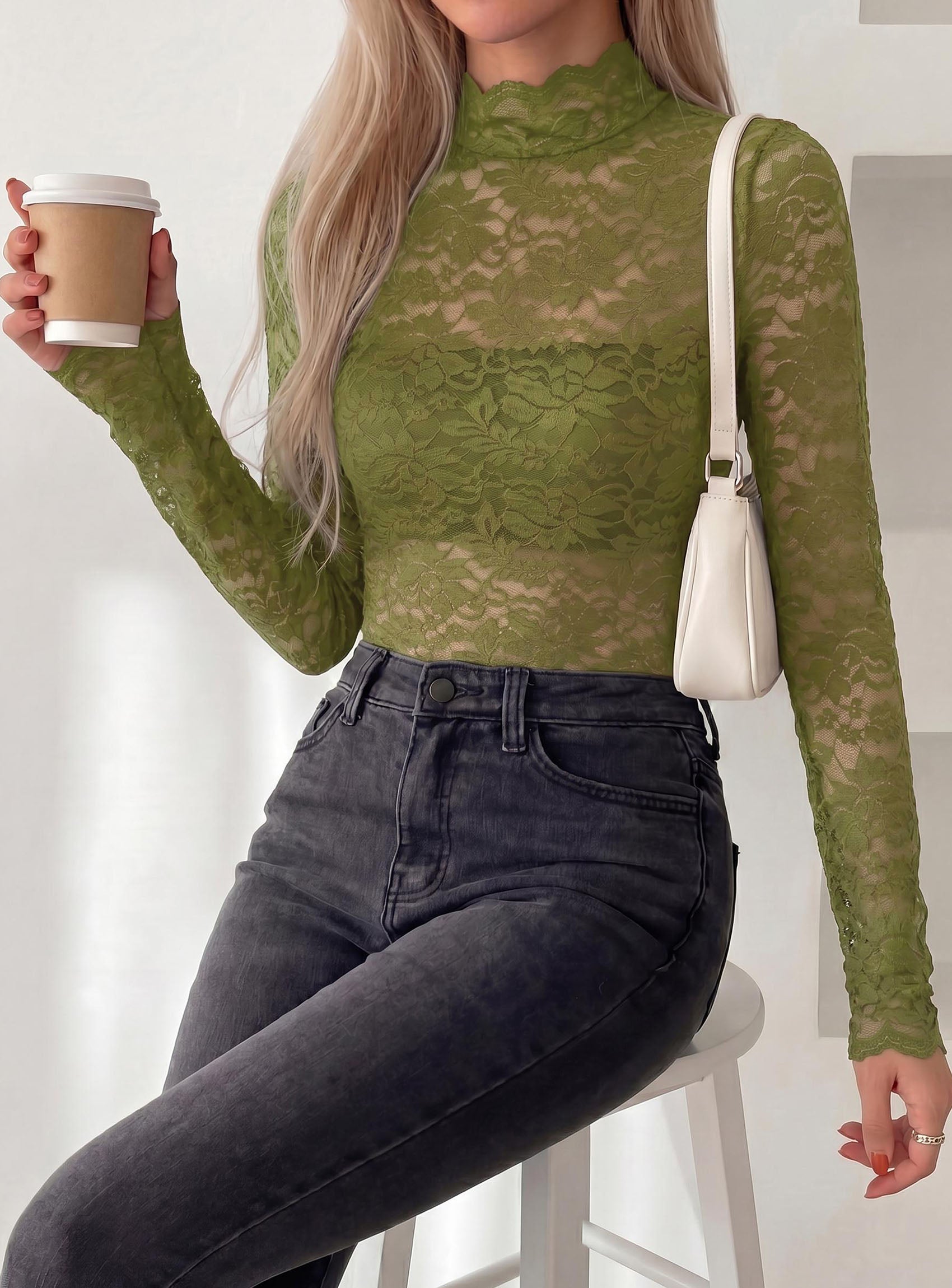 PRETTYGARDEN Womens Lace Long Sleeve Top Mesh Sheer Blouses Mock Neck See Through Slim Fitted Tops 2026 Fall Fashion Clothes
