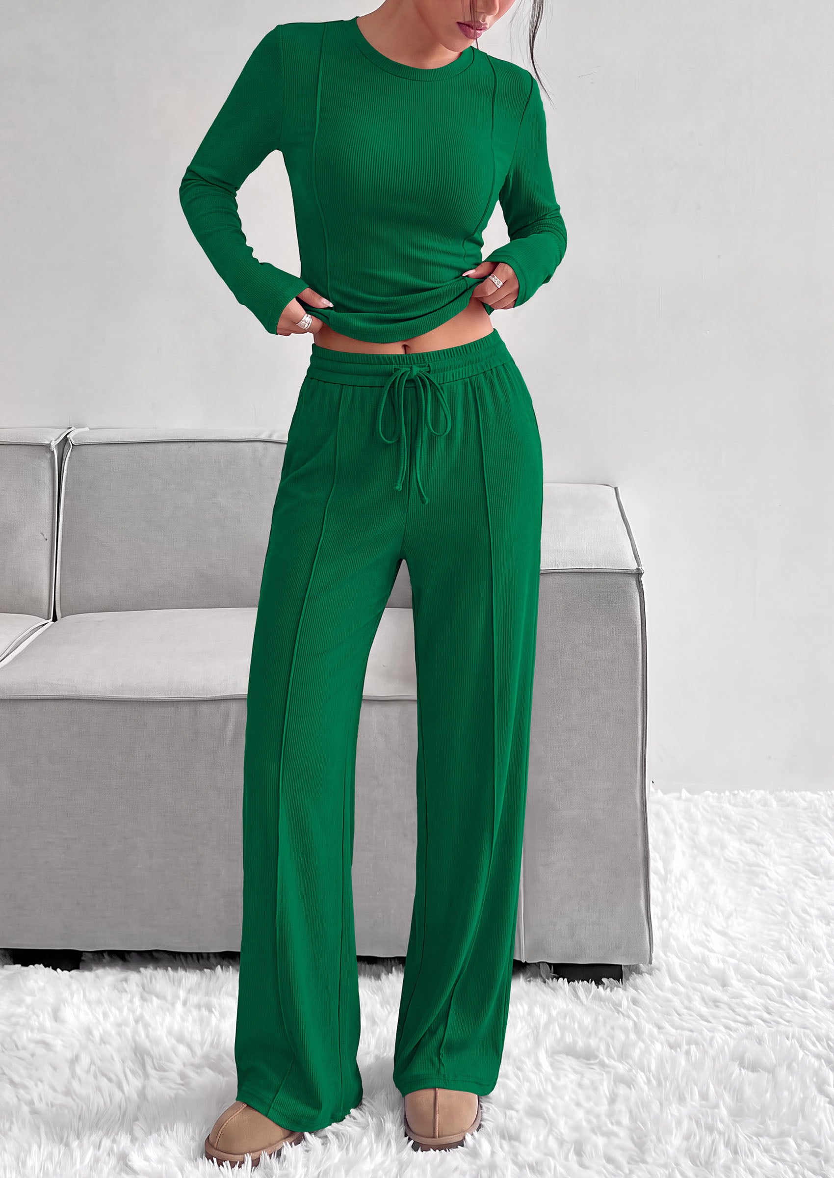 PRETTYGARDEN Womens 2 Piece Sets Long Sleeve Outfits  Soft Ribbed Knit, Loose Wide Leg Fit, Crop Top Drawstring High Waist Pants Set, Casual Lounge Travel, Matching Fall Clothes