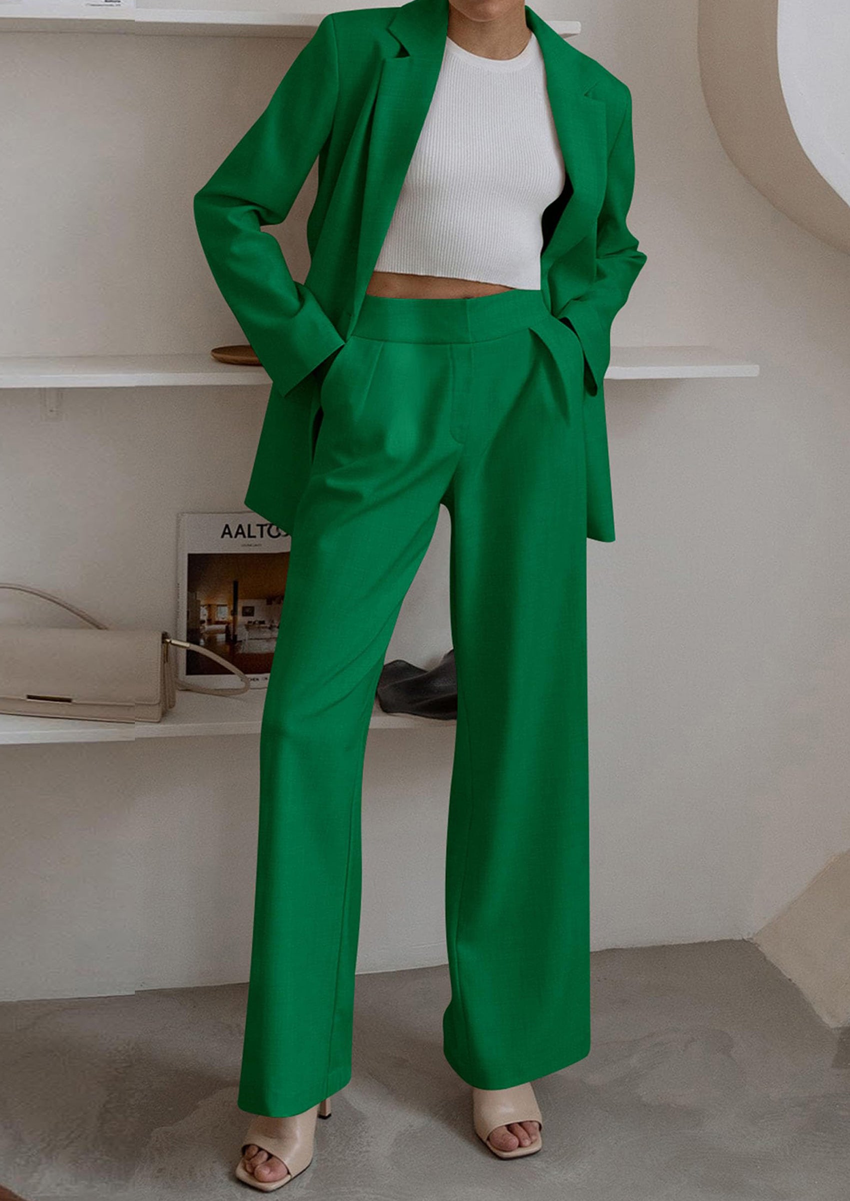 PRETTYGARDEN Women's Fall Two Piece Outfits Dressy Blazer Jacket and Wide Leg Pants Pockets Business Casual Office Suit Sets