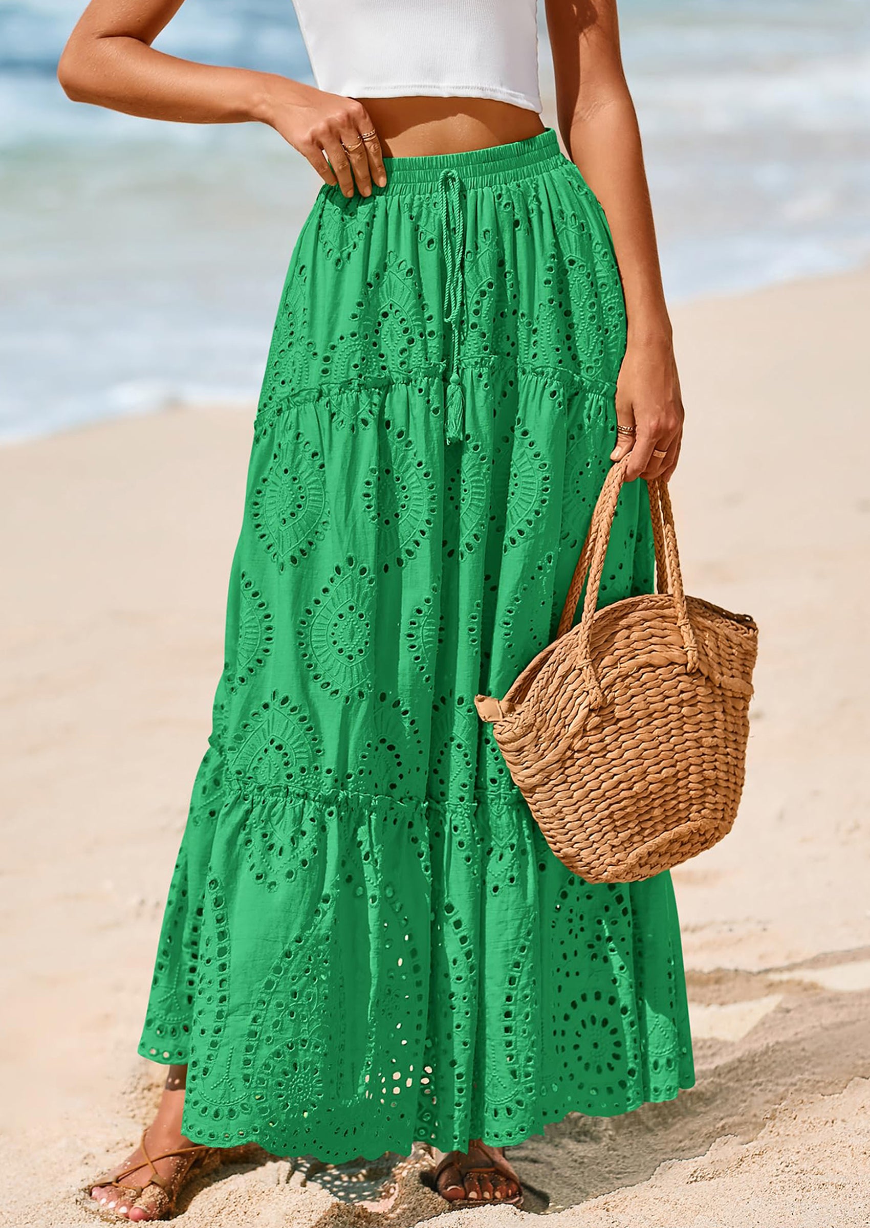 BTFBM Women's Boho Casual Skirts Summer Lace Embroidery Eyelet Elastic Waist Flowy Tiered A-Line Beach Maxi Skirt