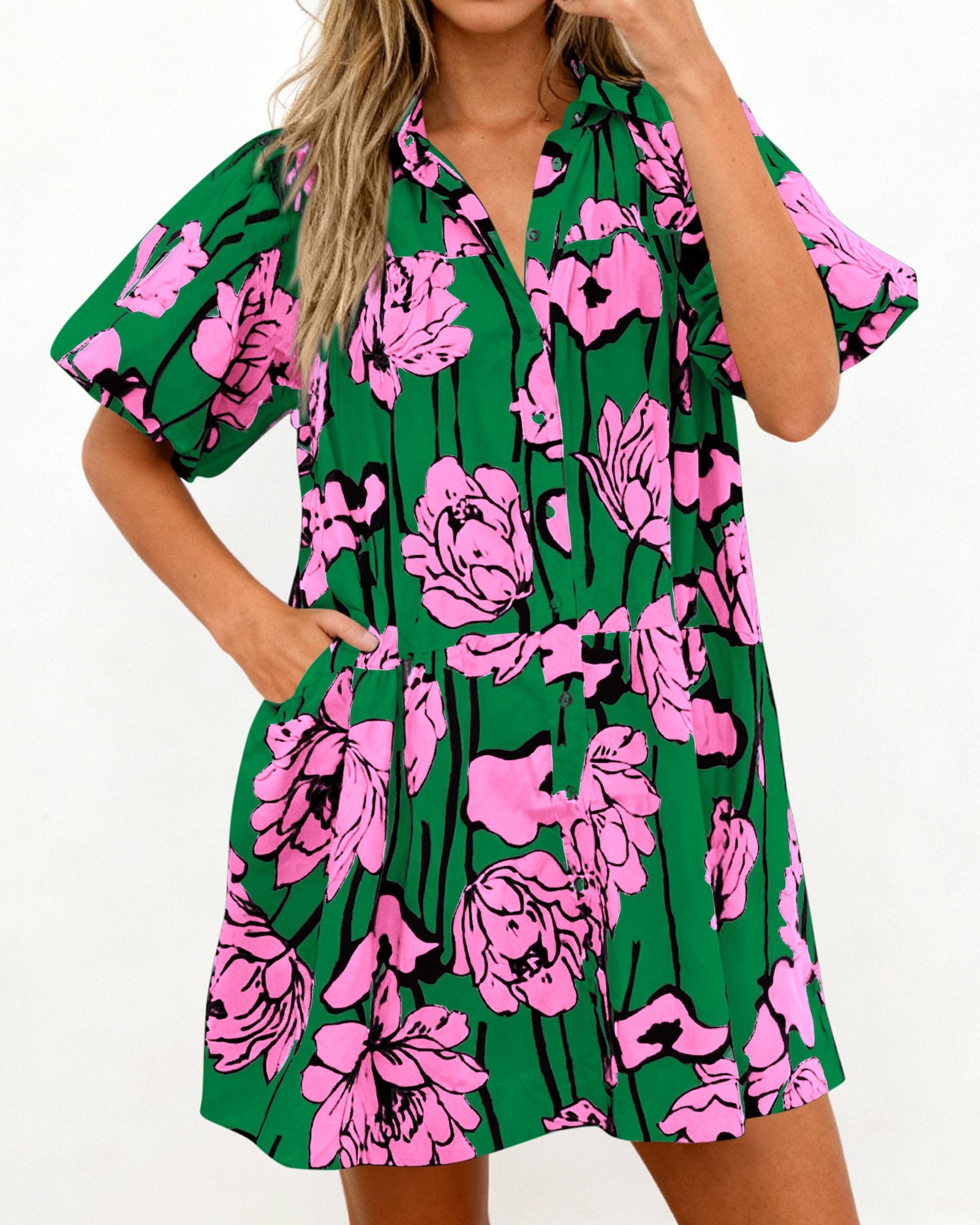 PRETTYGARDEN Womens Summer Dresses 2026 Casual Puff Sleeve Button Down Mini Shirt Dress Boho Floral Babydoll Sun Dress PRETTYGARDEN