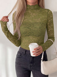 PRETTYGARDEN Womens Lace Long Sleeve Top Mesh Sheer Blouses Mock Neck See Through Slim Fitted Tops 2026 Fall Fashion Clothes