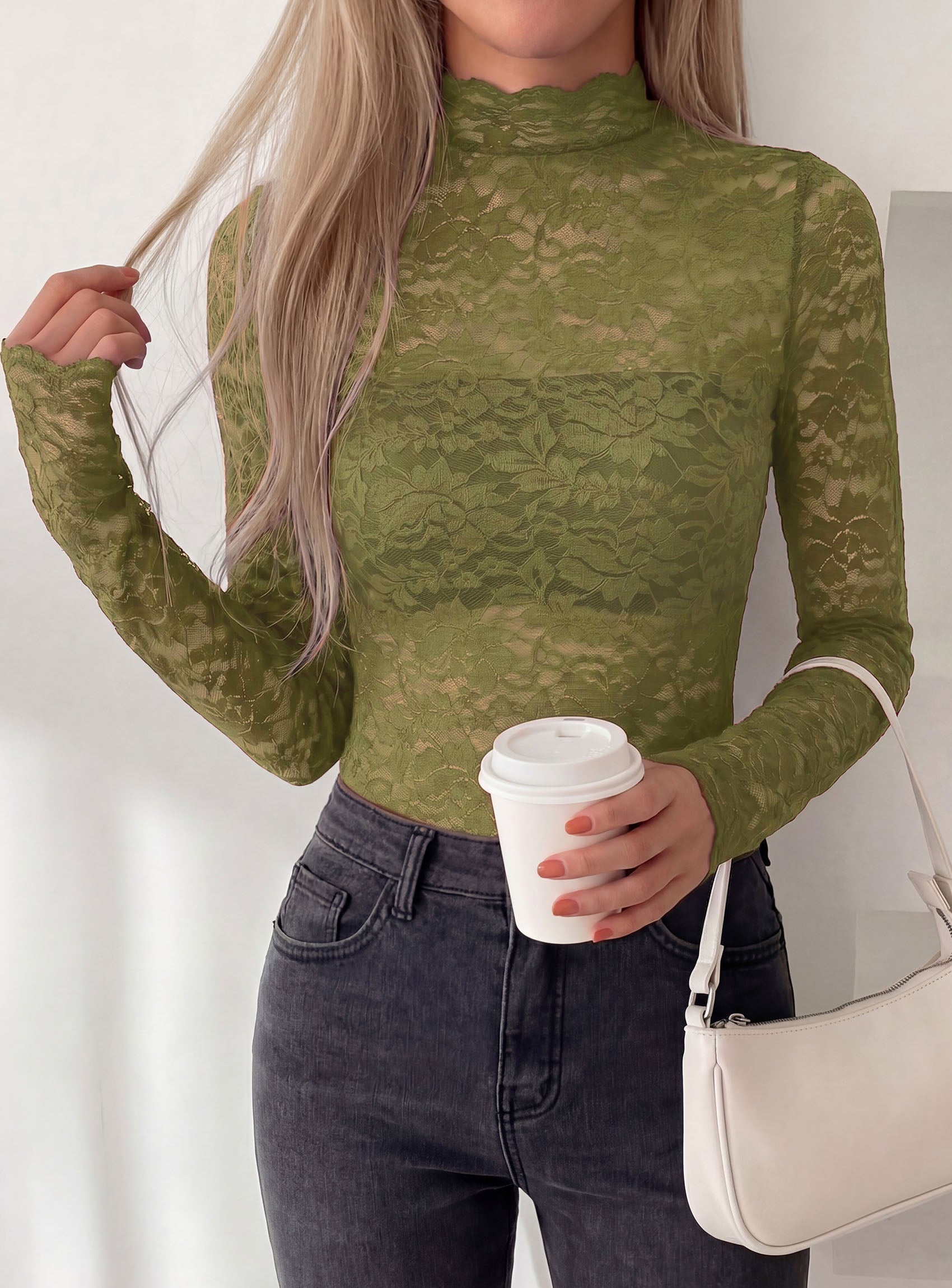 PRETTYGARDEN Womens Lace Long Sleeve Top Mesh Sheer Blouses Mock Neck See Through Slim Fitted Tops 2026 Fall Fashion Clothes