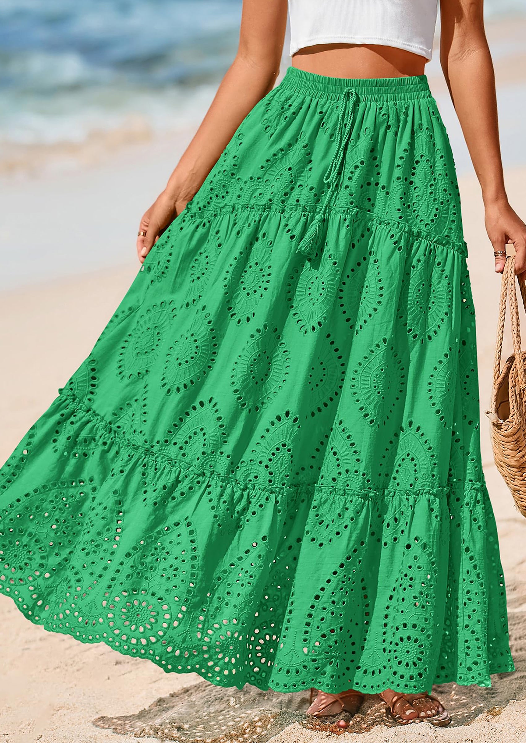 BTFBM Women's Boho Casual Skirts Summer Lace Embroidery Eyelet Elastic Waist Flowy Tiered A-Line Beach Maxi Skirt